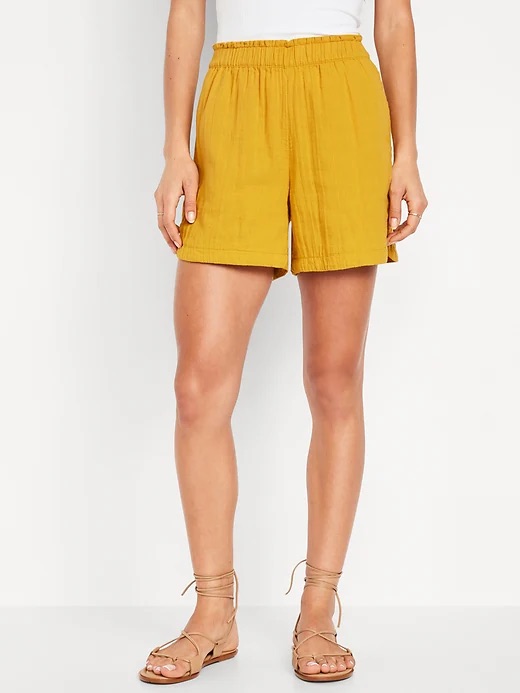 New Women's 100% Cotton High-Waisted Crinkle Gauze Shorts - Mustard